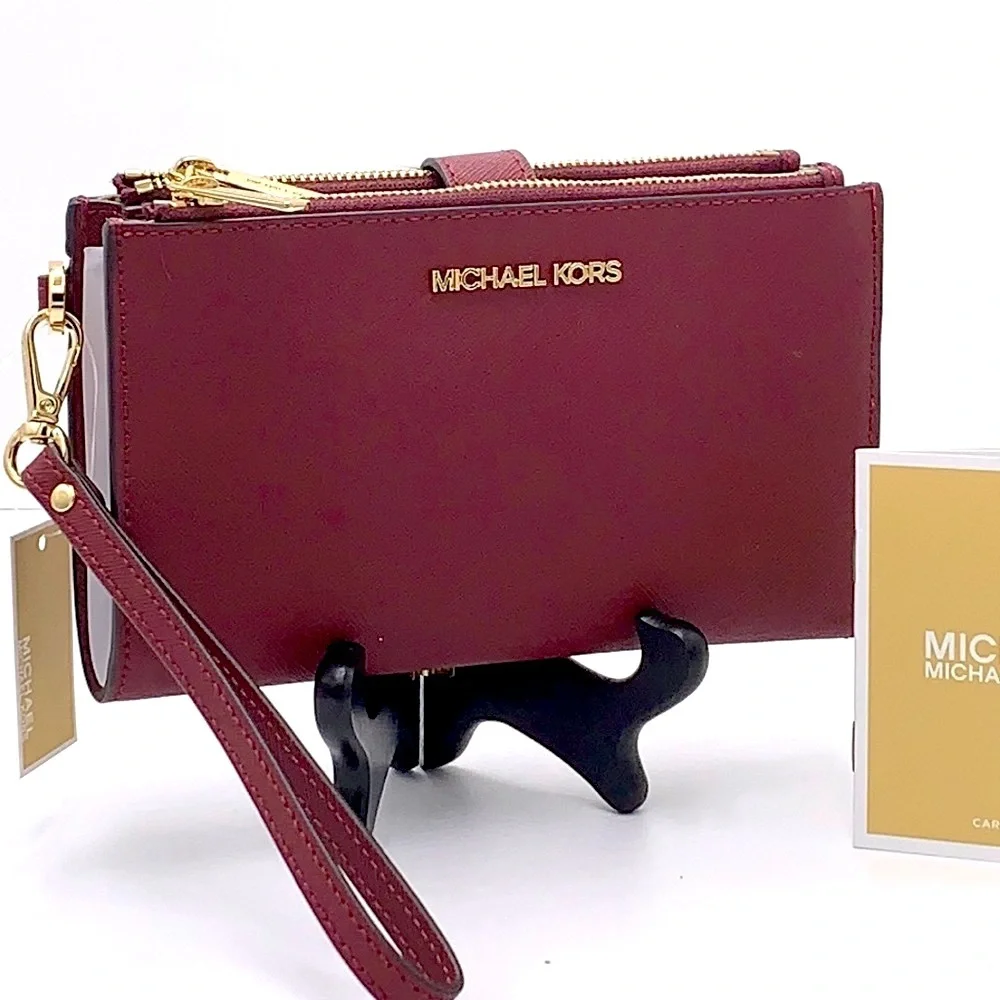 MICHAEL KORS LARGE DOUBLE ZIP WRISTLET WALLET DARK CHERRY COLOR MERLOT M… - Picture 1 of 16
